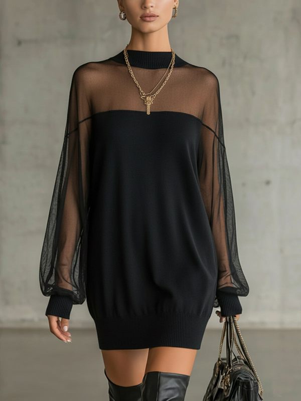 Amélie™ | Elegante Mini Vestido Negro con Mangas de Rejilla