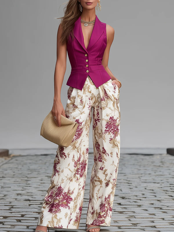 Conjunto de Chaleco Rosa y Pantalón Ancho Floral
