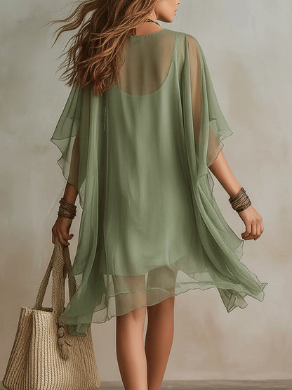Vestido Mini Fluido de Gasa Verde con Escote en V