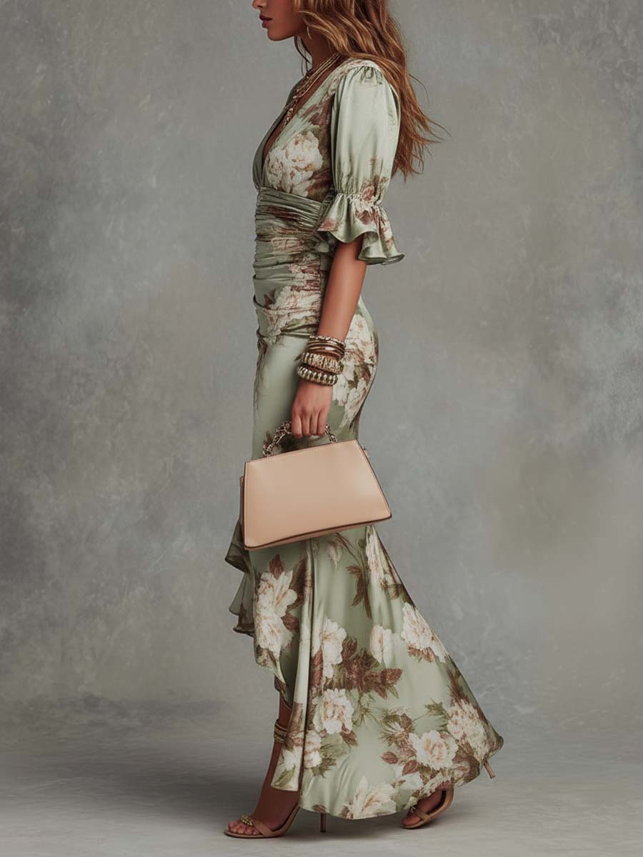 Vestido Maxi Asimétrico en Raso Verde Floral