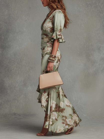 Vestido Maxi Asimétrico en Raso Verde Floral