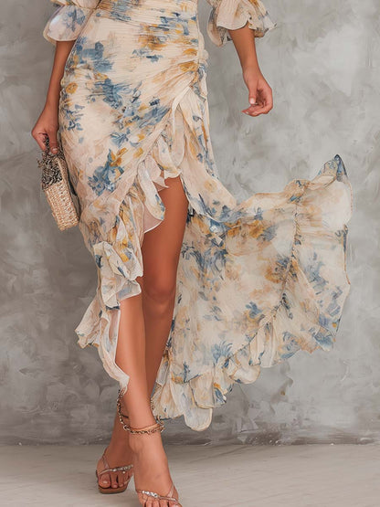 Vestido Maxi de Chifón Asimétrico con Estampado Floral