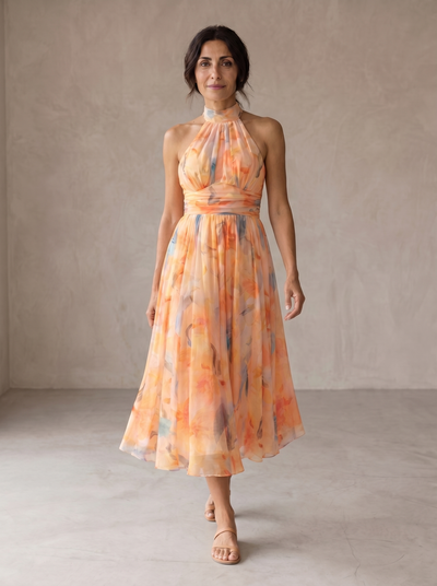 Aurora | Vestido con Cuello Halter e Impresión Acuarela