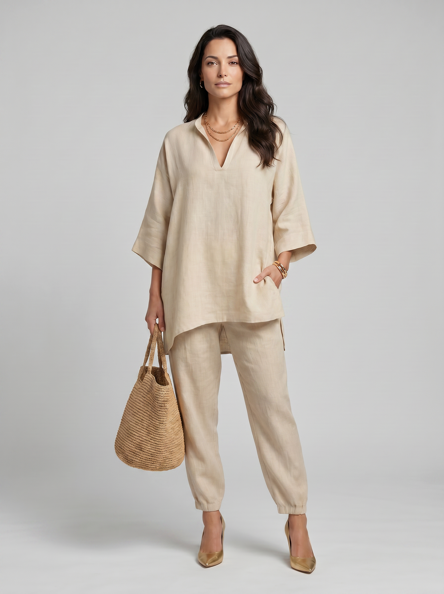 Marina | Conjunto Casual de Dos Piezas con Cuello en V para Mujer